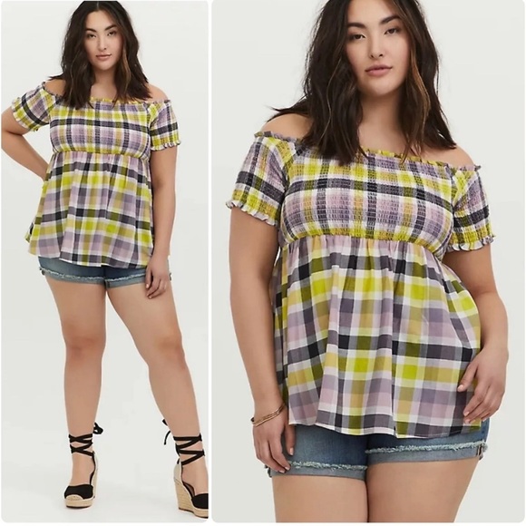 3/$22🩶 Torrid Multicolor Plaid Top Smocked Off Shoulder Peplum Plus 3 3X 22 24 - Picture 1 of 12